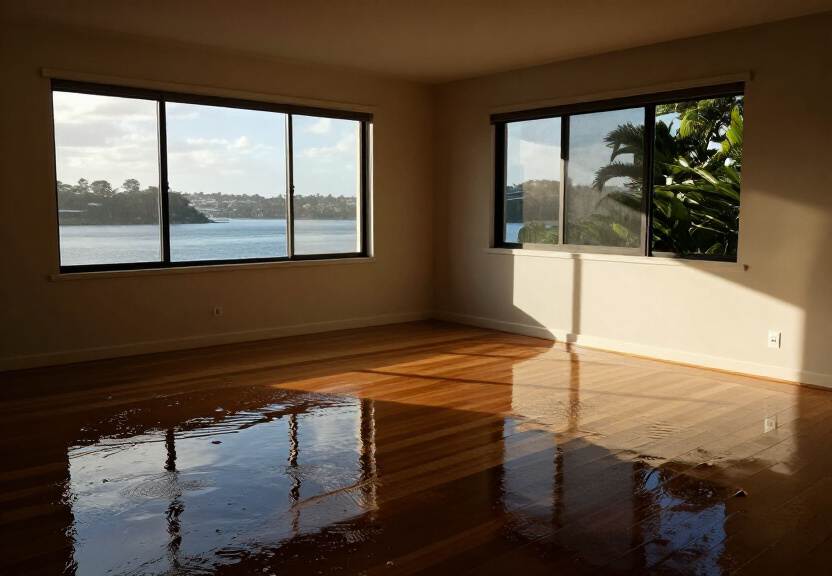 Flooded living room in Linley Point with water covering the floor